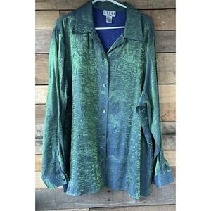Elena Woman 1X Satin Blue Green Ombré Shimmer Button Blouse Luxe Glam Elegant